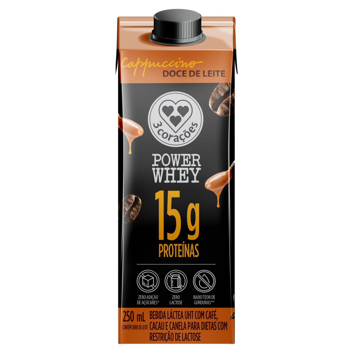 BEBIDA LACTEA CAPPUCCINO 3 CORACOES POWER WHEY DOCE DE LEITE
